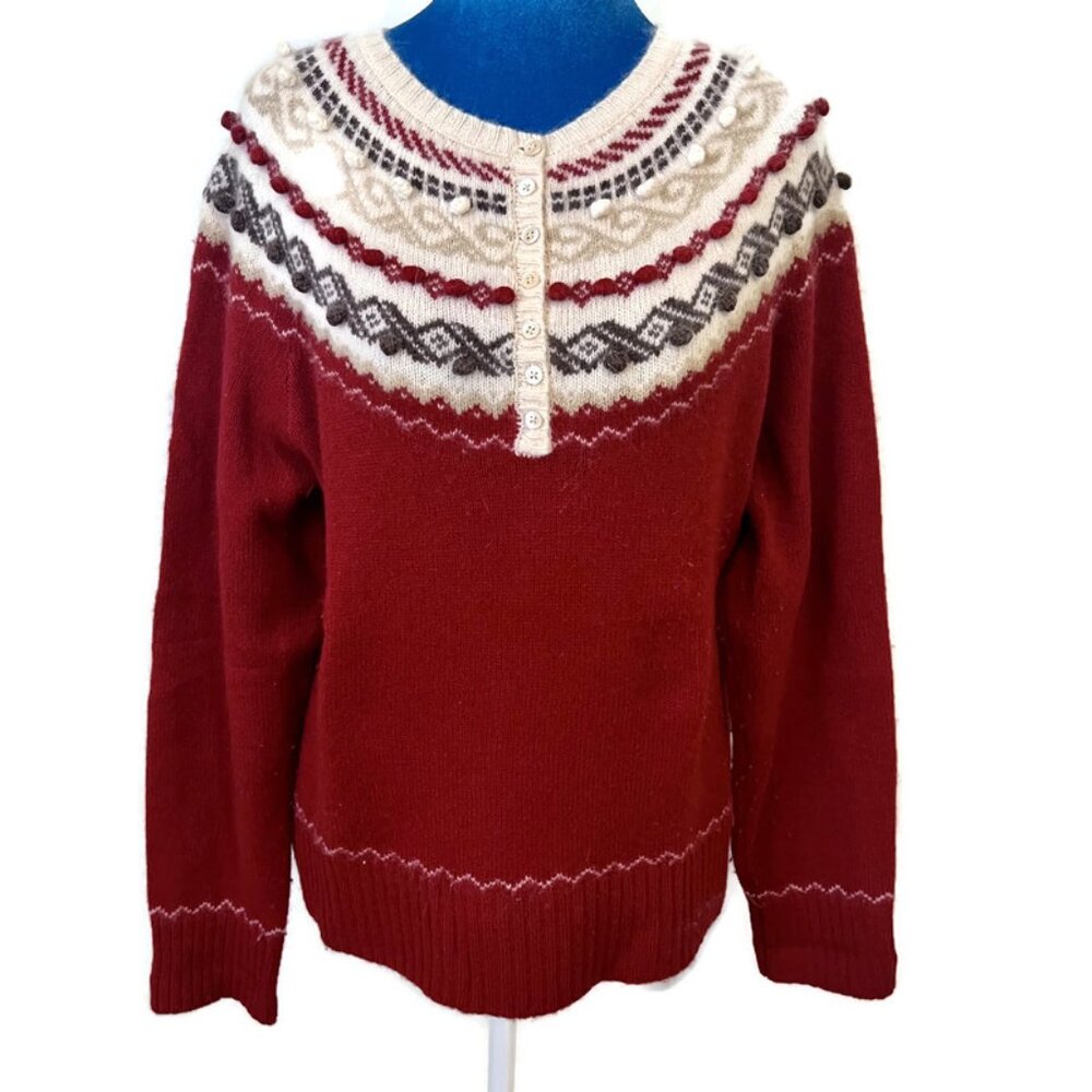 Vintage Eddie Bauer Lambswool Angora Nordic Fair Isle Sweater Popcorn Stitch L